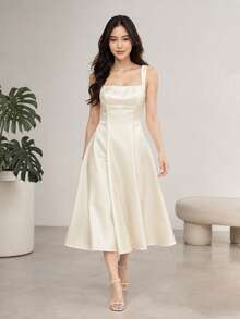 1pc Solid Color Elegant Hollow Back Bow Knot Women's Dress For Evening Date Wedding, Elegant White Dress - White - View 3