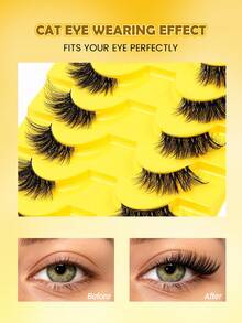 MAANGE 10 Pairs Half Eyelashes, Cat Eye Tail Extended Design, Natural Curling Effect; Reusable, Especially Suitable For Small Eye Shape Girls, Also Suitable For Daily Dating Wear. Grafting-Like False Eyelashes, False Eyelashes, Eyelashes - Black - View 7