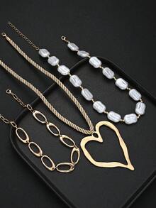 3pcs Simple Fashion Multi-Layer Faux Pearl Exaggerated Heart & Geometric Pattern Necklace Set For Women, Sisters, Holiday, Vacation, Party, Date, Gift, Daily Commute, Personalized Outfit - Yellow Gold - View 4