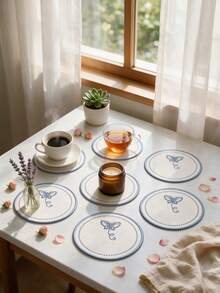 4pcs Blue Round Butterfly Polyester Embroidered Drink Coasters, Washable Table Decor, Non-Slip Table Mat, Waterproof And Oil-Resistant, Suitable For Restaurant, Cafe, Homestay, Afternoon Tea, Holiday, Party, Gathering, Birthday, Wedding, Dinner - Multicolor - View 6
