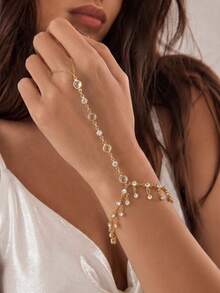 1 pièce Bracelet de doigt luxueux et exquis avec strass, franges drapées, réglable, bicolore or et argent, convient pour les trajets quotidiens des femmes, les vacances, les voyages, accessoire atmosphérique - Bracelet à pompon serti de diamants - Voir 3