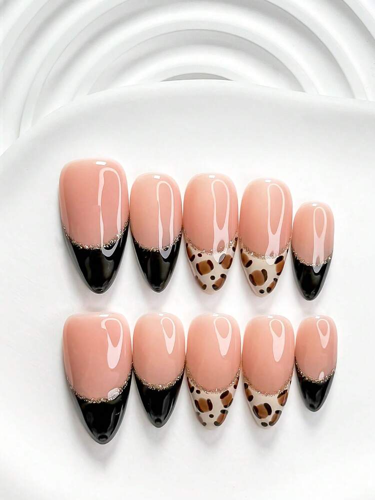 10pcs Vintage Cool Style Handmade Press-On Nails, Polygel Nail Art Set, Soft French Leopard Print, Black & Brown Nail Art, Leopard Pattern, Includes Nail Tools, 3 Sizes Available, Square/Short Square/Almond Shape, Suitable For Party, Dancing, Daily Wear - Multicolor - View 3