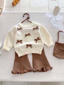Infant & Toddler Girls Vintage Knit 2 Pieces Set, 3D Handmade Bow Petal Sleeve Pullover Top, Coffee Color Frill Trim Flare Pants, Baby Sweater Set - Apricot - View 1