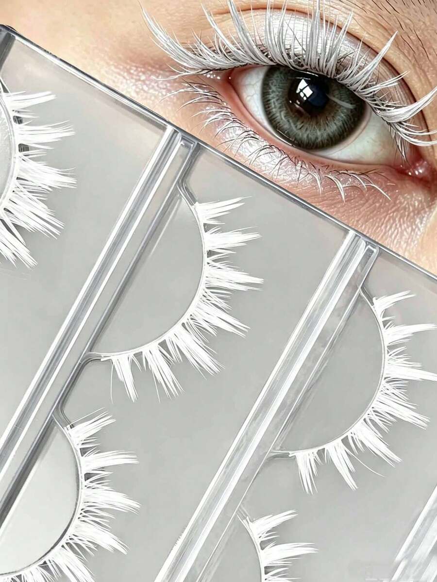 3 Pairs Colorful False Eyelashes Blue Green White Wispy Cosplay Party Strip Lashes Holiday Party Eyelashes - White - View 1