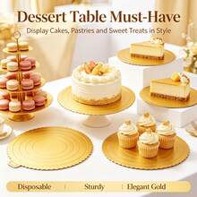 10pcs Gold Wavy Edge Round Cake Boards, Thickened Sturdy Cake Base Cardboard Discs, Waterproof Oil-Proof Cake Trays, Suitable For Birthday, Wedding, Party, Anniversary, Baking, Dessert Display - Gold - View 10
