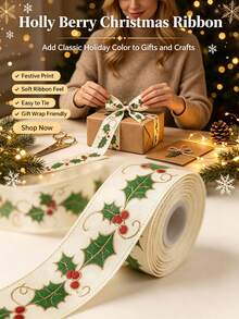 4.5m Vintage Holly Print Ribbon, Suitable For Gift Wrapping, Holiday Party Celebration Bow Decoration, Also Can Be Used For Sewing DIY Handicrafts - Multicolor - View 1