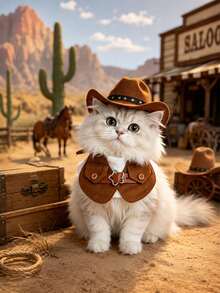 Conjunto de 2 piezas de bufanda y mini sombrero estilo retro occidental para gatos y perros, para mascotas pequeñas a medianas, accesorios para fotos y salidas - Multicolor - Ver 1