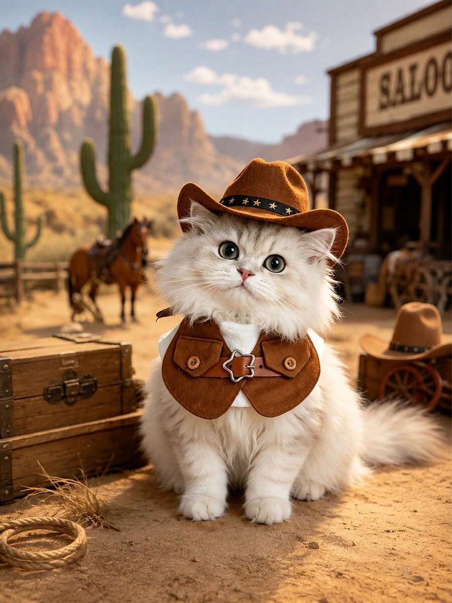 Conjunto de 2 piezas de bufanda y mini sombrero estilo retro occidental para gatos y perros, para mascotas pequeñas a medianas, accesorios para fotos y salidas - Multicolor - Ver 1