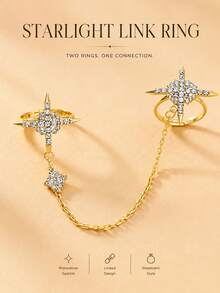 XYHEALER 1pc Gold Women's Double Finger Ring, Rhinestone Star Chain Connected Shiny Exaggerated Ring Jewelry, Suitable For Party, Dance, Date Night - Multicolor - View 4
