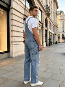 Men's Ripped Denim Dungarees Frayed Adjustable Overalls - Navy Blue - View 7