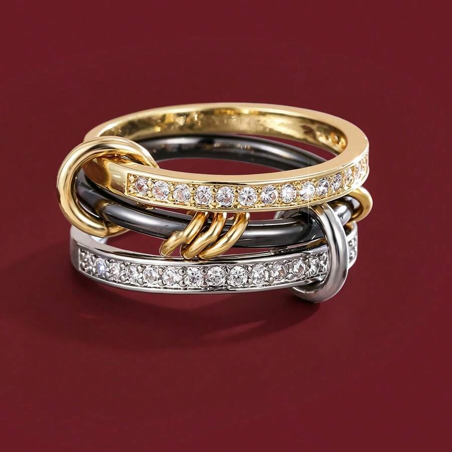1pc Personalized 3-Circle Clasp Design Cubic Zirconia Inlaid Women Ring - Multicolor - View 1