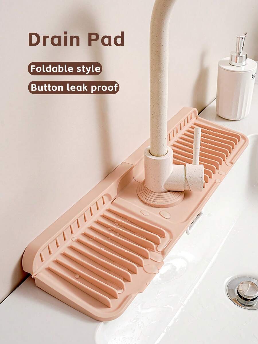 1pc Universal Size Silicone Faucet Drip Tray With Fastening Button, 6° Sloped Drainage Anti-Splash, Minimalist Practical Style, Gray/Green/Pink/Black Multi-Color Options, Long Strip With Opening, Kitchen Sink Bathroom Countertop Soap Sponge Storage Drying Mat