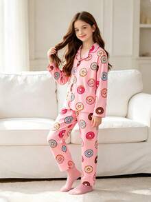 Tween Girl Fashion Casual Comfortable Cute Skin-Friendly Colorful Donut Digital Print Long Sleeve Cardigan & Pants Set, Suitable For Autumn/Winter Home & Daily Wear - Pink - View 10