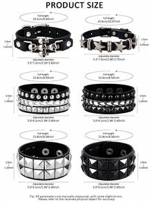 4Pcs Punk Gothic PU Leather Bracelet, Skull Star Pyramid Stud Multi-Layer Wristband, Adjustable Bracelet For Women Men, Rock Festival Party - Black - View 7