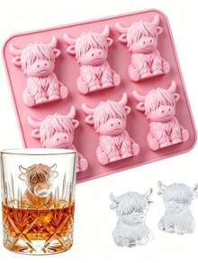 Cute 3D Pink Cow-Shaped Ice Cube Mold, Multi-Functional Home Chocolate Mold. Refrigerator Ice Tray, Suitable For Home, Bar, Club, Whiskey, Party And Gift - Mini Highland Cow Ice Cube Mold, Kitchen Accessory, Home Supplies, Baking - Multicolor - View 3