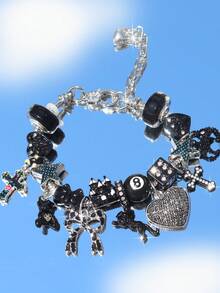 1pc Dark Leopard Cross Star Charm Bracelet, Heart Crown Bracelet, Star Dice Gothic Style Bracelet - Black - View 9