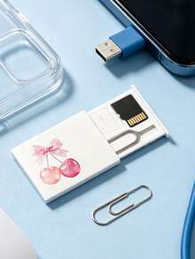 Lace Crystal Cherry Print Card Holder, SIM Card Pin Slot, Comes With SIM Card Pin. Cherry Print Portable SIM Card Storage Box, Phone Card Holder, SIM Card And SD Card Storage Box With Strap, Travel Storage Box, Compact And Lightweight, Ideal For Storing Spare SIM Cards When Changing Phone Numbers For Smartphones, Tablets And Other Devices, Also A Great Gift. Suitable For Back To School Season, Back To School, Teacher's Day - Multicolor - View 5
