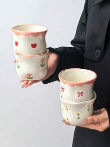 1pc Ins Style Cute Girly Ceramic Coffee Cup, Hand-Pinch Exquisite Asymmetrical Ceramic Mug, Hand-Painted Small Flower & Bow & Heart Pattern Tea Cup, Minimalist Aesthetic Espresso Cup, Beautiful Birthday Gift - Multicolor - View 4
