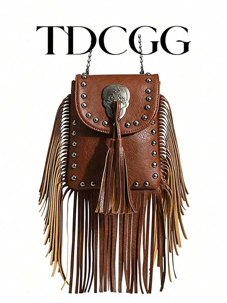 1 buah Tas Bahu Rantai Rumbai Rivet Kulit PU Cokelat, Tas Selempang Persegi Kecil Gaya Bohemian Vintage, Cocok untuk Kencan dan Perjalanan Sehari-hari Wanita - Coklat - View 12