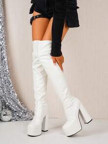 Women's Boots Thick Sole High Heel Round Toe Over-The-Knee Wedge Fashion Boots - White - View 4