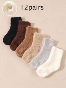 6 Pairs Neutral Color Maillard Fleece Mid-Calf Socks For Babies & Toddlers - Multicolor - View 11