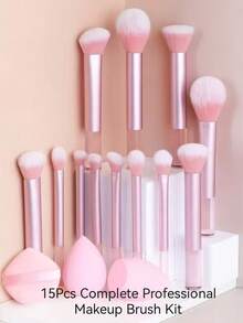 15pcs Professional Makeup Brush Set, 12pcs Aluminum Tube Makeup Brushes With 2 Large Makeup Sponges And 1 Powder Puff, Foundation Contour Blush Eyeshadow Highlighter Brushes, Complete Makeup Kit For Beginners, Ideal Gift For Girls - Multicolor - View 4