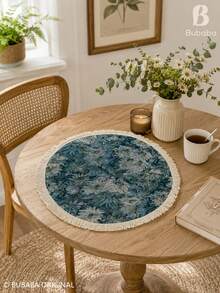 Vintage Blue Floral Round Tablecloth With Fringe, Woven Polyester Cotton Table Cover For Dining Table, Coffee Table, Side Table & Home Decor - Blue - View 3