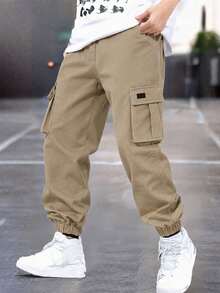1pc Tween Boys Casual Versatile Outdoor Sports Cargo Pants With Large Pockets - Khaki - View 7
