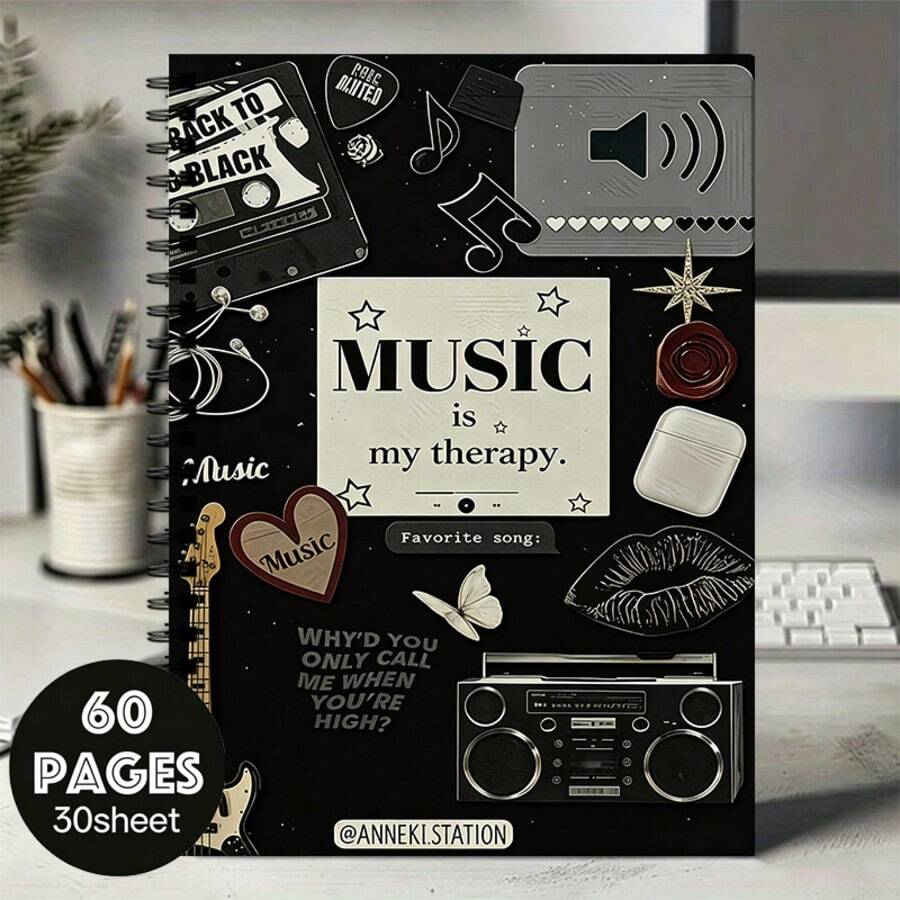 1pc Vintage Music Collage Art Theme Spiral Notebook, 30 Sheets/60 Pages Lined Inner Pages Design Coil Notebook, High-Quality Paper, "Music Is My Relaxation" Quote Design, Suitable For Birthday, Christmas, New Year, Anniversary Gifts - A5 - View 1