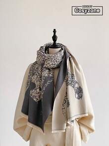 1pc Faux Cashmere Vintage Leopard Pattern Jacquard Warm Scarf For Women, Air-Conditioned Room Blanket, Autumn/Winter Outdoor Travel Cold Protection Neck Warmer, Soft Decorative Scarf Shawl Dual-Use, Suitable For Daily Matching, First Choice For Gift - Grey - View 1