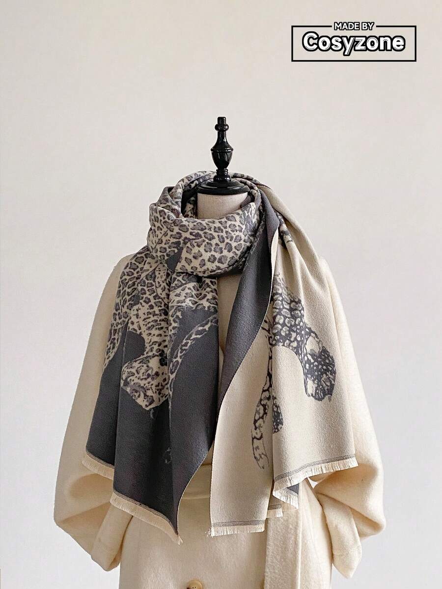 1pc Faux Cashmere Vintage Leopard Pattern Jacquard Warm Scarf For Women, Air-Conditioned Room Blanket, Autumn/Winter Outdoor Travel Cold Protection Neck Warmer, Soft Decorative Scarf Shawl Dual-Use, Suitable For Daily Matching, First Choice For Gift - Grey - View 1