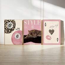 3 Width Leopard Print Cheetah Wall Painting, No. 6 Lucky Pattern Canvas Painting, Pink Girly Style Poster, College Style Luxurious Decoration, Suitable For Bedroom, Living Room, Or Dormitory Decoration, Gift For Her, Frame Not Included - Multicolor - View 9