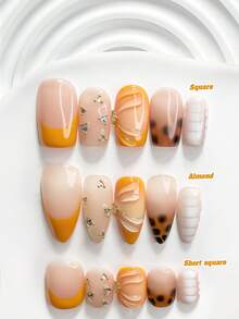 10pcs Handmade Press-On Nail Set, Poly Gel Nails, Water Drop Pattern, Rhinestone Decor, Yellow, White & Brown Nail Polish, Unique Style, Includes Nail Tools, 3 Sizes Available, Square, Short Square, Almond Shape, Suitable For Party, Dance, Daily Wear - Multicolor - View 1