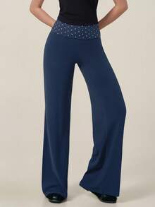 TimeOff 1pc Women's Polka Dot Print Wide Leg Sporty Long Pants With Folded Waistband - Navy Blue - View 9