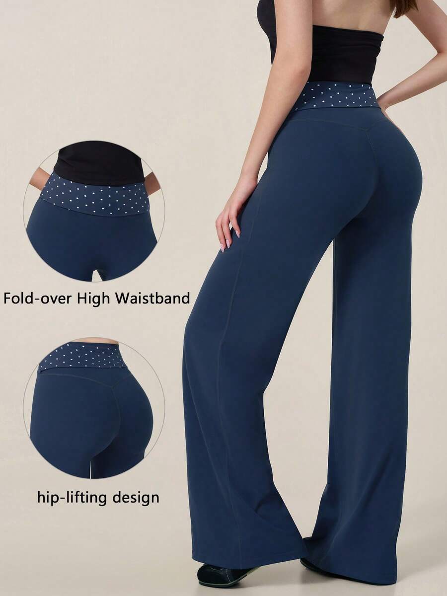 TimeOff 1pc Women's Polka Dot Print Wide Leg Sporty Long Pants With Folded Waistband - Navy Blue - View 1