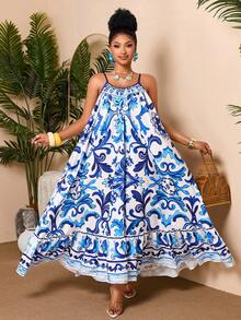 BIUBIU Elegant Plus Size Cami Maxi Dress, Boho Blue Floral Print Ruffle Hem Sundress, Sleeveless Spaghetti Strap Backless Woven Fabric For Beach Outfits - Blue - View 1