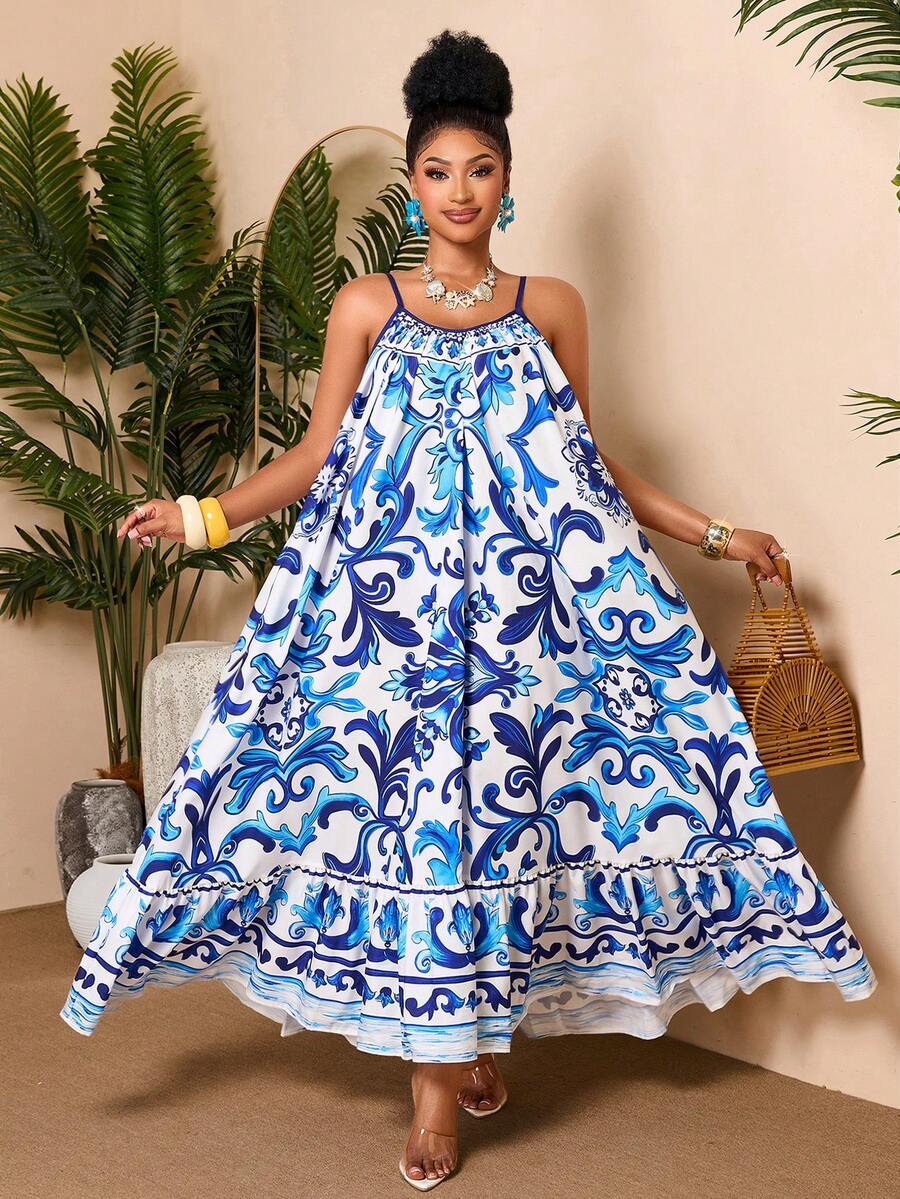 BIUBIU Elegant Plus Size Cami Maxi Dress, Boho Blue Floral Print Ruffle Hem Sundress, Sleeveless Spaghetti Strap Backless Woven Fabric For Beach Outfits - Blue - View 1