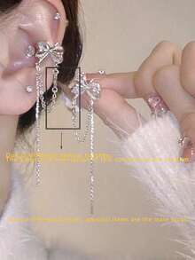 1 Pair Luxury Zirconia Crystal Butterfly & Tassel Ear Cuff Earrings, Romantic Design Elegant Earrings For Versatile Wear - Silver - View 5