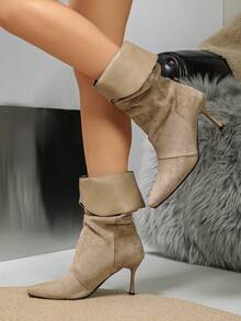 NANBEI ZUO Women's Sleeveless Pleated Pointed Toe Stiletto Mid-Calf Boots, Versatile For Daily Wear, Suitable For Street Style, Commuting And Christmas Outings - Khaki - View 5