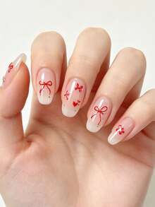 1PC Solid Red Long Tail Ribbon Bow Flat Nail Stickers, Simple Mixed Size Streamer Bow Pattern Waterproof Self-Adhesive Nail Decal Stickers For Valentine Party Nail Making - Multicolor - View 2