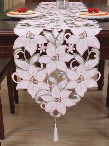 HXARTMIS 1pc Elegant Handmade Hollow Lily Embroidery Table Runner & Placemat Set, Vintage Floral Hollow Tassel Table Runner, Romantic Dining Table Decor, Suitable For Restaurant, Home Decor, Theme Holiday Decoration - Pink - View 4