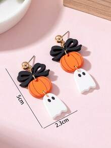 2件組哥德風萬聖節誇張南瓜小惡魔耳環，搭配黑色蝴蝶結萬聖節配件，甜美女性耳環 - 多色 - 查看 4