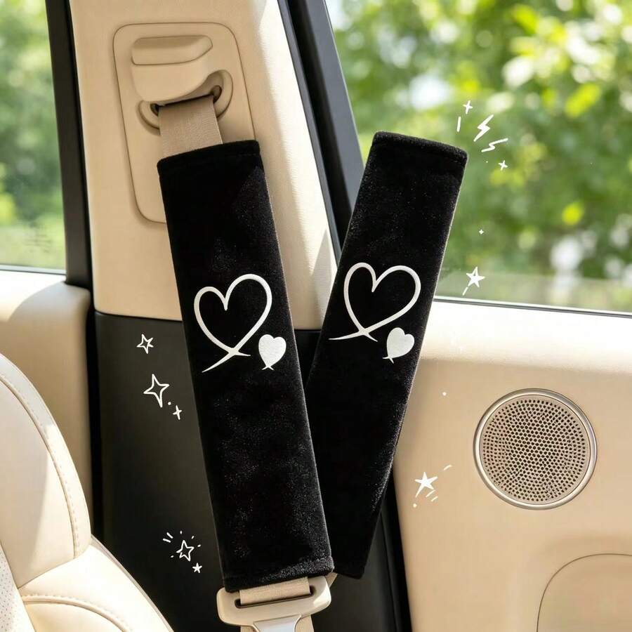 2pcs Heart Pattern Car Seat Belt Covers, Soft Plain Shoulder Pads, Universal Car Seat Belt Protector, Women's Car Interior Decoration Accessories - A - View 1