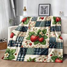1pc Soft & Comfortable Flannel Blanket With Strawberry Pattern, Warm Throw Blanket, Multi-Color, Suitable For Bed, Sofa, Camping, Travel, With Border, Perfect Halloween & Christmas Gift - Multicolor - View 4