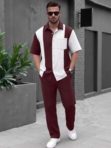 Spring/Autumn Mature Style Contrast Color Patchwork Vertical Stripe Short Sleeve Single-Breasted Fitted Shirt With Elastic Waist Loose Long Pants Solid Color 2 Pieces Set, Urban Casual Commute, Smooth Polyester Woven Fabric - Burgundy - View 2