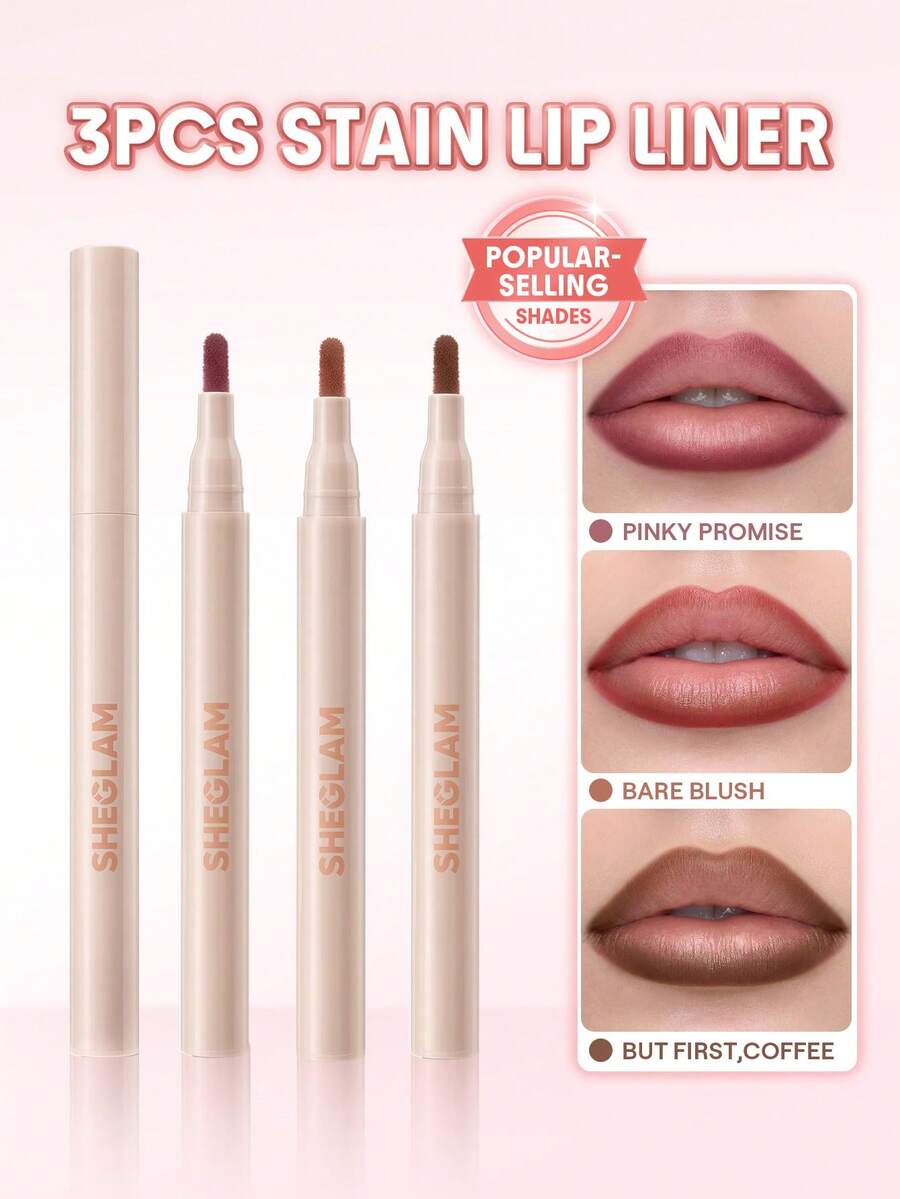 SHEGLAM [3Pcs] True Stain Transfer-Proof Liquid Lip Liner Bundle Set - 110 Pinky Promise;012 Bare Blush;505 But First,Coffee - View 1