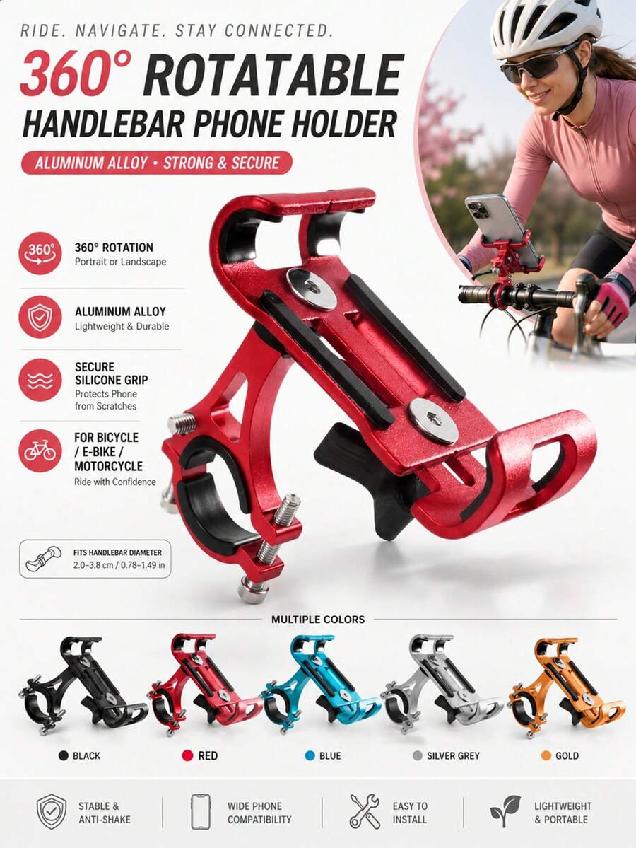 1pc Aluminum Alloy Phone Holder, Rotatable Handlebar Phone Mount For Cycling Navigation, Cycling Gear - Multicolor - View 1