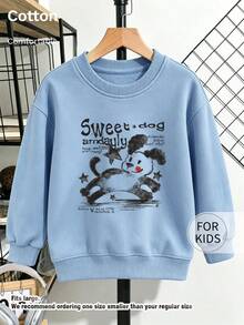 Children's Round Neck Sweatshirt, Vintage Cute Dog & Star Pattern Pullover, Soft Casual Long Sleeve Top - Blue - View 1
