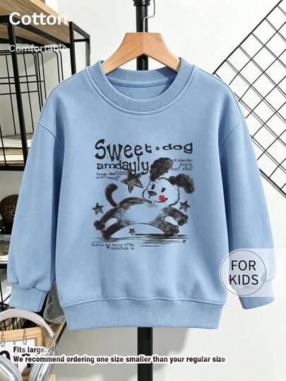 Children's Round Neck Sweatshirt, Vintage Cute Dog & Star Pattern Pullover, Soft Casual Long Sleeve Top