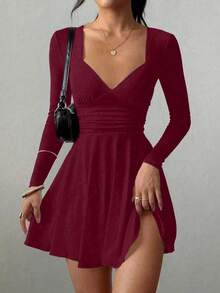 Sexy Fashion V-Neck Ruched Waist Hem Long Sleeve Mini Dress, Spring/Summer New Arrival Elegant - Burgundy - View 7